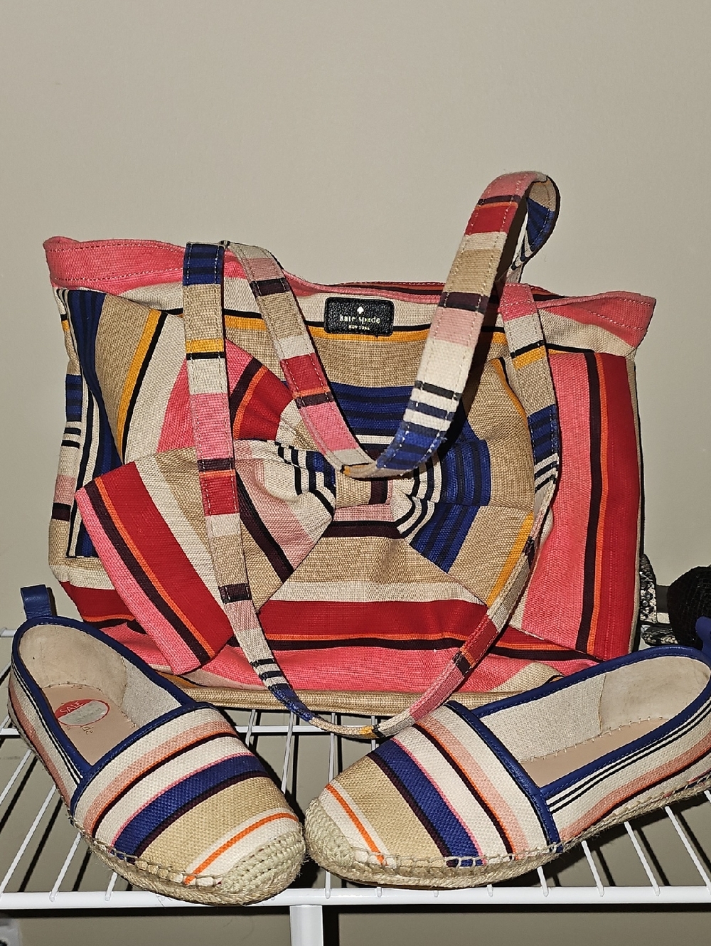 Kate Spade Pink Multicolor Striped Canvas Tote Bag And Matching Shoes